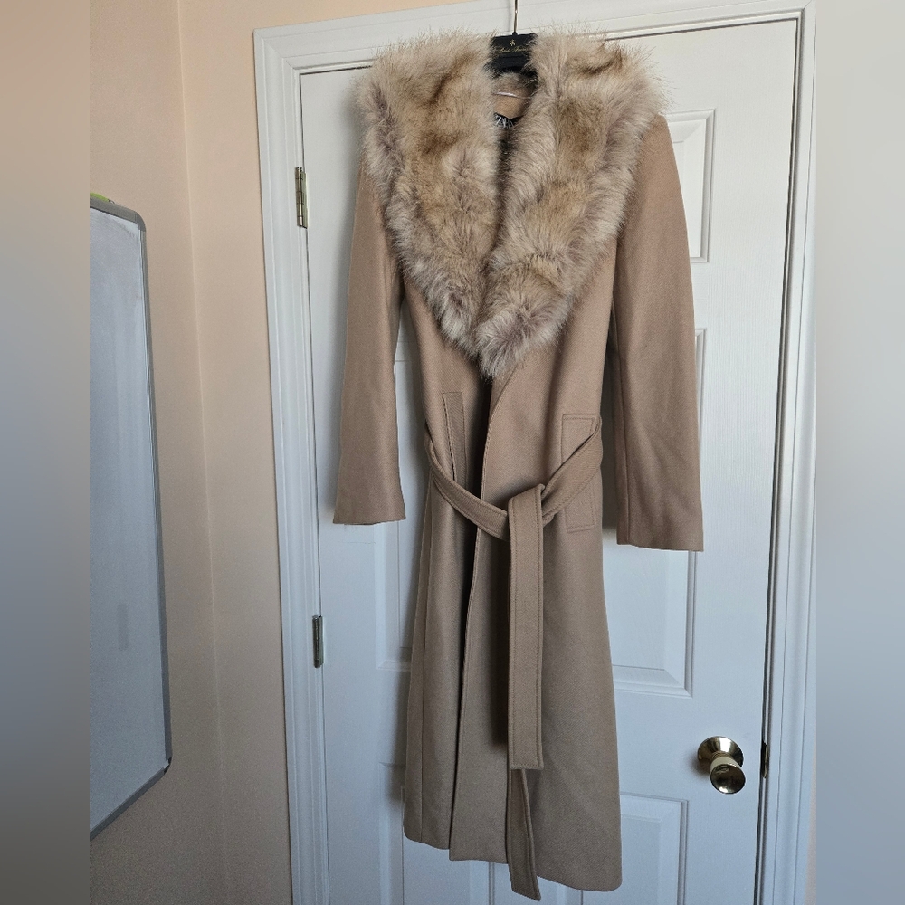 Zara Tan Manteco Italian Wool Coat with Fur Collar Sz M NWT